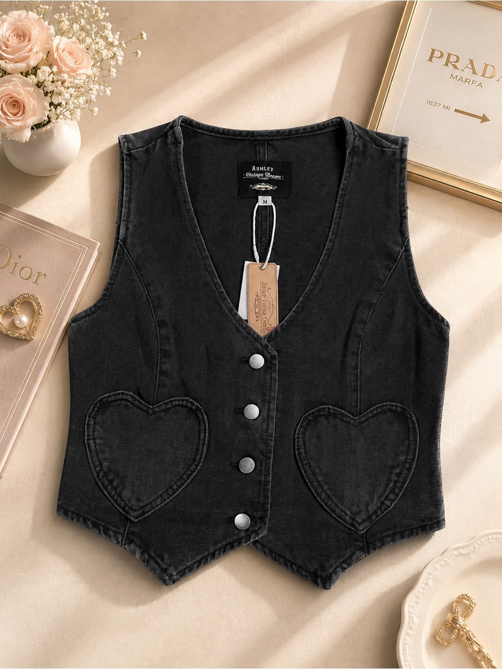 Ashley Vintage Charm Heart Pocket Denim Vest – NWT